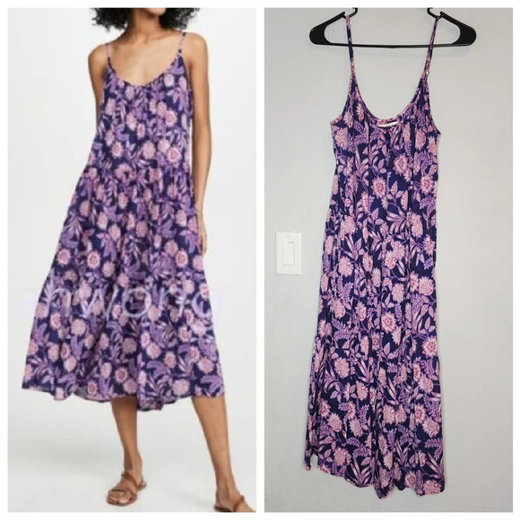XiRENA Tierney Cotton Sleeveless Tiered Midi Dress Navy purple pink Sz M pockets - Picture 1 of 16
